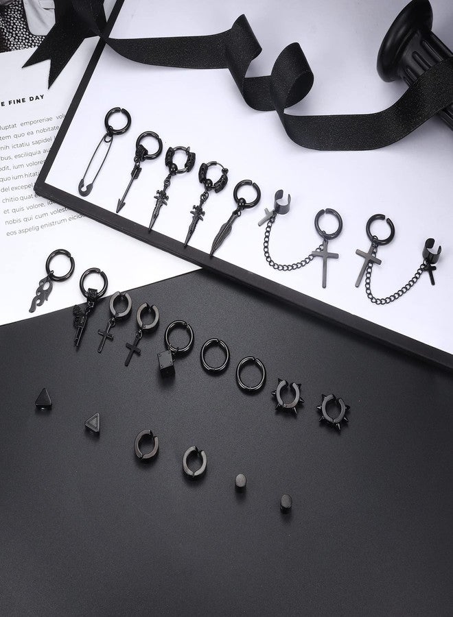 Florideco 22Pcs Stainless Steel Fake Earrings for Men Women Cross Chain Pendant Earring Non-Piercing Huggie Hoop Earrings Set Clip On Earrings for Men Black Fake Earrings Black Tone - Image 4